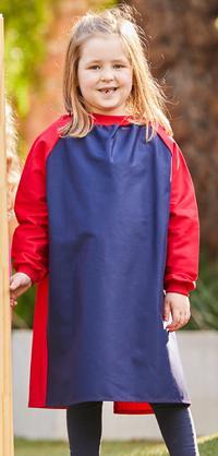 girl wearing Navy art smock with Red sleeves