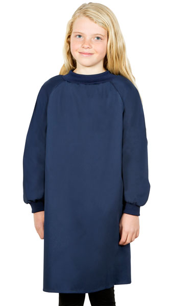girl wearing  navy art smock