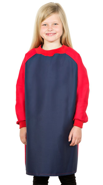 Girl wearing Navy art smock with Red sleeves