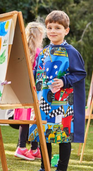 Boy wearing Racing Cars art smock